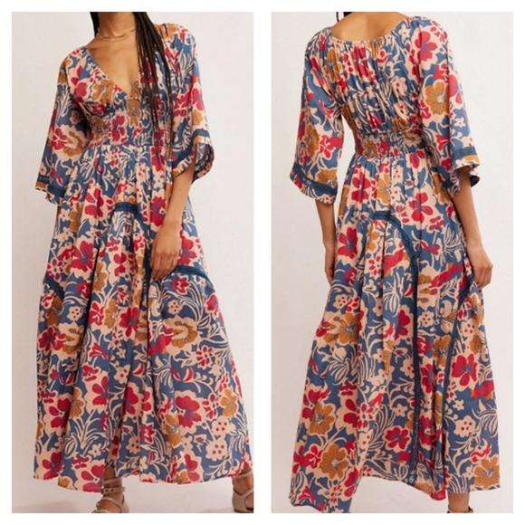 Free People Printed Dixie Maxi Dress in Vintage Indigo Combo Size Small - Picture 1 of 6